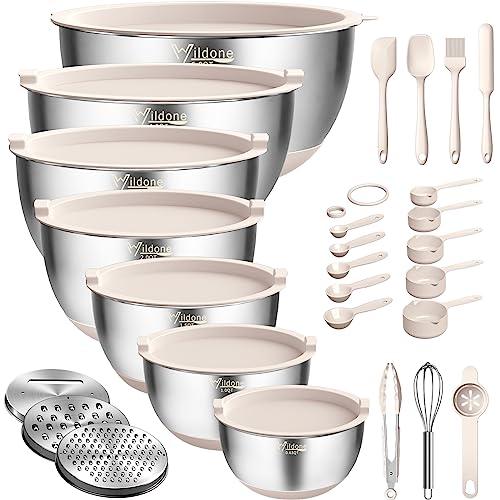 27-Piece Stainless Steel Nesting Mixing Bowl Set with Lids, Graters, Measurement Marks - CookCave