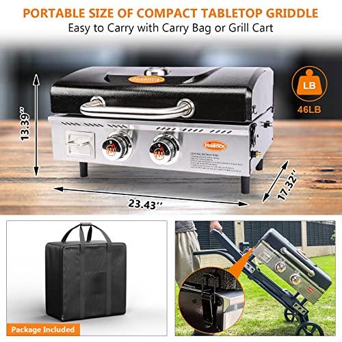 Hisencn Portable Flat Top Grill Propane Gas Grill for Outdoor, Camping, Tabletop, Kitchen, Tailgating, RV - 348 sq. in. Heavy Duty & 24000 BTUs Griddle for BBQ Grill, 22 Inch with Hood, with Carry Bag - CookCave