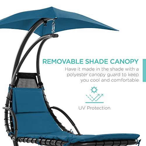 Best Choice Products Outdoor Hanging Curved Steel Chaise Lounge Chair Swing w/Built-in Pillow and Removable Canopy - Peacock Blue - CookCave