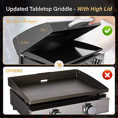 Captiva Designs Tabletop Griddle with Ceramic Coated Cast Iron Plate, 22 in Portable Flat Top Propane Gas BBQ Grill Griddle Camping, Outdoor & Tailgating, 24,000 BTU Output, 3 Stainless Steel Burners - CookCave