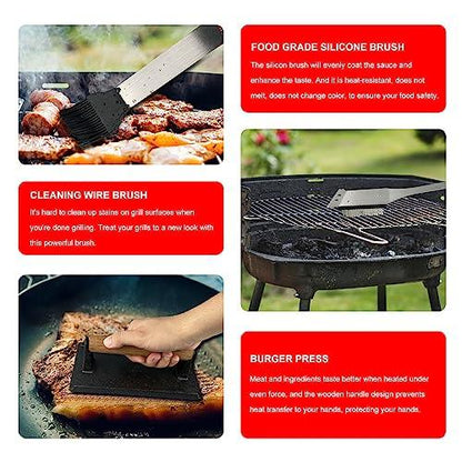 SETTECH 6PCS Grill Set for BBQ Tools Grilling Set,Heavy Duty Grill Utensils for Outdoor Grill with Spatula,Fork,2 Set of Brushes,Tongs and BBQ Press,BBQ Accessories Grill Sets for Men - CookCave