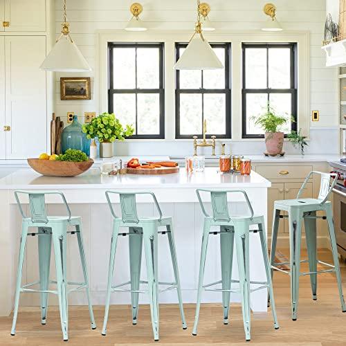 Changjie Furniture Metal Bar Stools Set of 4 Distressed Industrial Counter Bar Stool with Backs Bistro Cafe Barstools(30 inch, Distressed Blue-Green) - CookCave