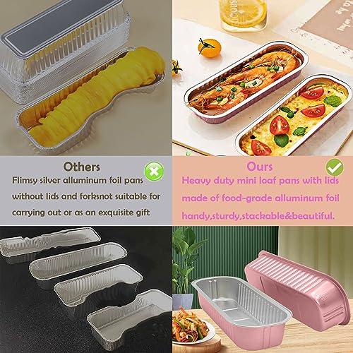 MJPCUAU 12Pack Mini Loaf Pans with Lids and Spoons, 6.8oz Disposable Rectangle Aluminum Foil Oven Cake Container, Baking Bread Muffin Dessert Tins for Family Gatherings and Picnics (Pink) - CookCave