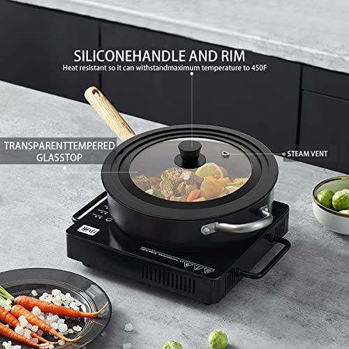 Universal Lid for Pots, Pans and Skillets - Tempered Glass with Heat Resistant Silicone Rim and Heat Resistant Handle Fits 6.5", 7" and 8" Diameter Cookware, Black - CookCave