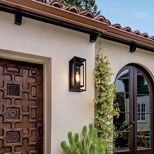 mirrea 14" Classic Outdoor Wall Sconce 1 Light in Matte Black Rectangular Metal Frame and Clear Glass Shade Waterproof Porch Light Patio Light Pack of 2 - CookCave