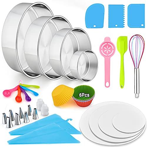 P&P CHEF 153Pcs Cake Baking Pan Set Decorating Supplies Kit, Stainless Steel 4/6/8/9.5 Inch Cake Pans with Icing Tips Tools, Parchment Papers, Whisk, Egg Separator, Muffin Cups, Measuring Spoon - CookCave