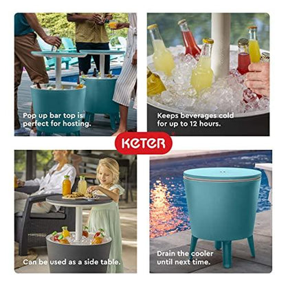 Keter Modern Cool Bar Outdoor Patio Furniture and Hot Tub Side Table with 7.5 Gallon Beer and Wine Cooler, Teal - CookCave