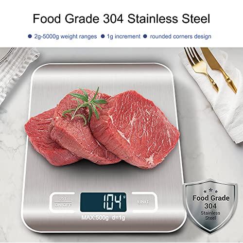 Rechargeable Kitchen Scale, 5kg by 1g Digital Food Scale, High Precise Measuring Scale for Food Ounces and Grams, Large LCD Display with USB Cable and Batteries - CookCave