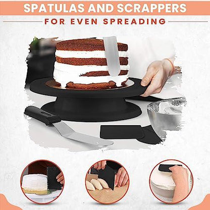 RFAQK 35PCs Cake Decorating Supplies Kit and Leveler-Rotating Cake Turntable with Non Slip pad-7 Icing Tips and 20 Bags- Straight & Offset Spatula-3 Scraper Set -Ebook, Black - CookCave