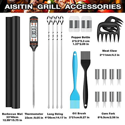 AISITIN Grill Accessories 25PCS BBQ Tools Set Stainless Steel Grilling Kit with Thermometer, Fork, Tongs and Spatula, Grill Mat - Gifts for Dad Durable, Stainless Steel Grill Tools - CookCave
