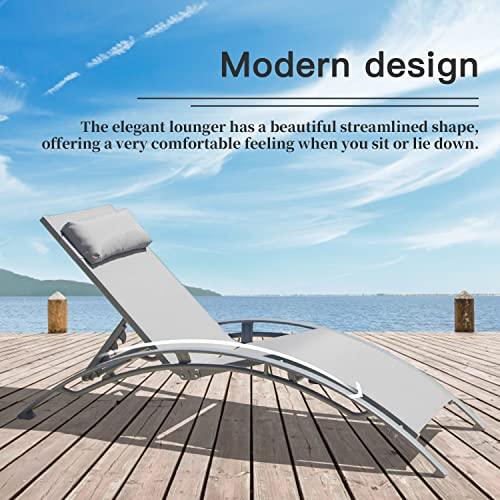Domi Lounge Chair Set of 2, Aluminum Lounge Chairs for Outside with 5 Adjustable Positions, Chaise Lounge Outdoor for Pool, Garden, Beach, Camping, Backyard (Gray) - CookCave