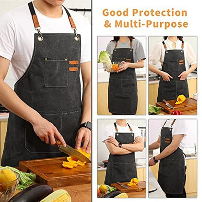 Tosewever Canvas Cross Back Chef Apron for Men Women with Adjustable Straps Large Pockets, Waterdrop Kitchen Heavy Duty Cotton Aprons for Tool Cooking BBQ Artist, M to XXL (Black) - CookCave