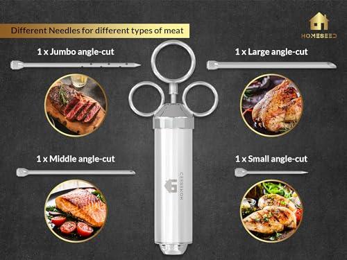 HOMESEED Meat Injector - Marinade injector for smoking and grilling - Incl. 4 injection needles & cleaning supplies - Made of stainless steel - Dishwasher-safe - CookCave