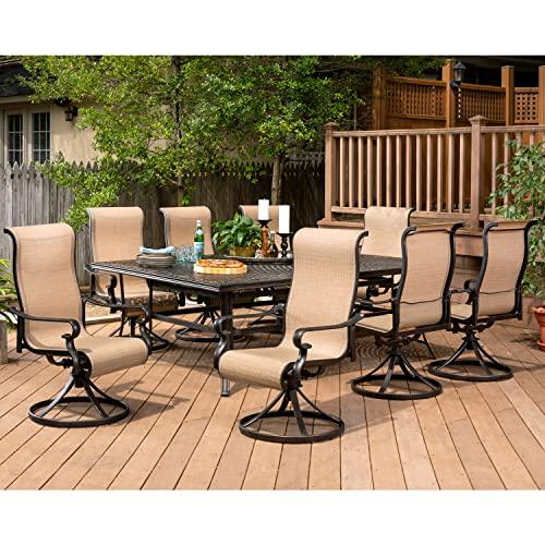 Hanover Brigantine 9-Piece Weather-Resistant Cast Aluminum Outdoor Dining Set for 8 with 60"x84" Rectangular Table and 8 Sling Swivel Rockers for Backyard, Patio, Deck, Porch, Pergola, Poolside - CookCave