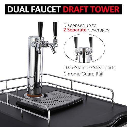 Beer Kegerator, Dual Tap Draft Beer Dispenser, Full Size Keg Refrigerator With Shelves, Stainless Steel, Drip Tray & Raill, silver - CookCave