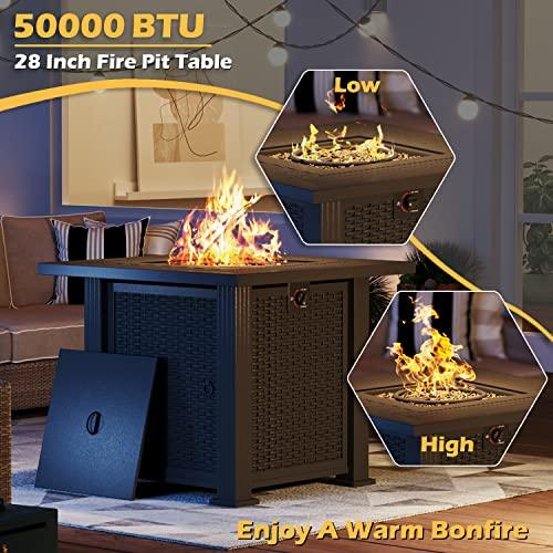 Greesum 28 Inch Outdoor Gas Fire Pit Table, 50,000 BTU Steel Propane Firepit with Lid and Lava Rock, Imitation Rattan Weave Texture, Add Warmth and Ambience to Parties On Patio Garden Backyard, Black - CookCave