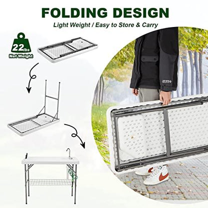 Hupmad 37" Folding Fish Cleaning Table w/Faucet & Sink, Outdoor Portable Fillet Station w/Grid Frame, Knife & Standard Garden Spray Nozzle, Multifunctional Washing Table for Camping or Kitchen, Grey - CookCave