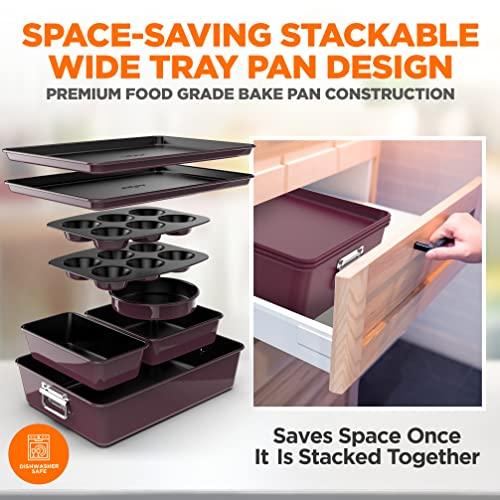 NutriChef 8-Piece Nonstick Stackable Bakeware Set - PFOA, PFOS, PTFE Free Baking Tray Set w/Non-Stick Coating, 450°F Oven Safe, Round Cake, Loaf, Muffin, Wide/Square Pans, Cookie Sheet (Plum) - CookCave