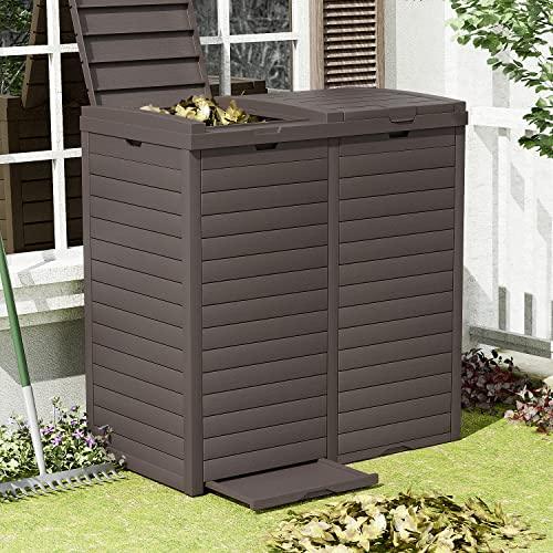 Greesum 78 Gallon Resin Outdoor Trash Can, Double Box Waste Bin with Tiered Lid, Drip Tray and Armrest for Patio, Backyard, Deck, 230 Liters, Dark Coffee - CookCave