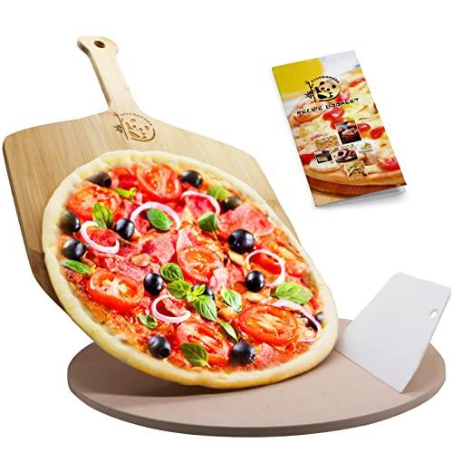 AILUROPODA 13" Round Pizza Stone for Oven and Grill with Bamboo Pizza Paddle, Cleaning Scraper and Recipe Cordierite Baking Stone for Oven Thermal Shock Resistant - CookCave