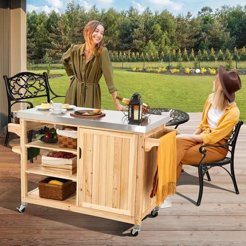 YITAHOME 53.74 L x 20.27 W Inches XL Outdoor Table and Storage Cabinet Solid Wood Movable Grill Table with Stainless Steel Top, Spice Rack, Side Handle for Outside Patio Kitchen Island or Bar Cart - CookCave