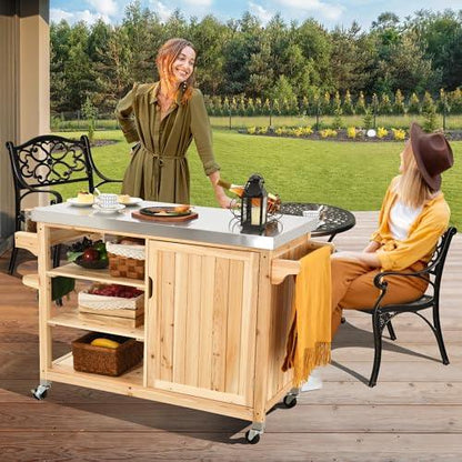 YITAHOME 53.74 L x 20.27 W Inches XL Outdoor Table and Storage Cabinet Solid Wood Movable Grill Table with Stainless Steel Top, Spice Rack, Side Handle for Outside Patio Kitchen Island or Bar Cart - CookCave