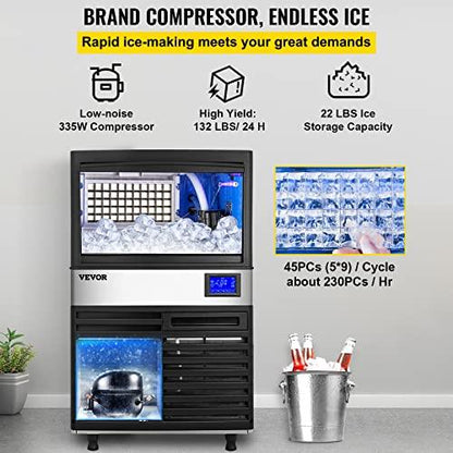 VEVOR Commercial Ice Maker Machine, 132LBS/24H Commercial Ice Machine with 22LBS Bin and Electric Drain Pump, Water Filter, Scoops Included, Under Counter Ice Maker Machine - CookCave