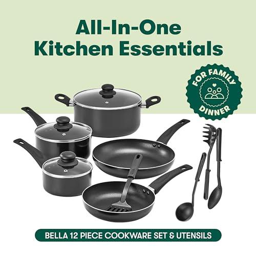 BELLA Cookware Set, 12 Piece Pots and Pans with Utensils, Nonstick Scratch Resistant Cooking Surface Compatible with All Stoves, Nylon and Aluminum, Black - CookCave