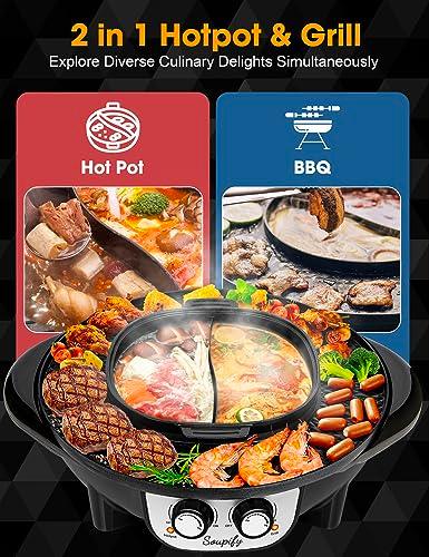 Soupify 2 in 1 Hot Pot with Grill, Electric Korean BBQ Grill, Independent Dual Temperature Control & Non-stick Pan, Multi-function Smokeless Barbecue Grill for Family and Friends Gathering - CookCave