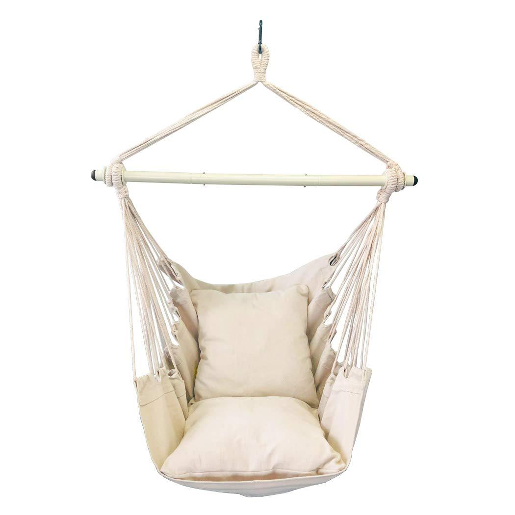 Highwild Hammock Chair Hanging Rope Swing - Max 500 Lbs - 2 Cushions Included - Steel Spreader Bar with Anti-Slip Rings - for Any Indoor or Outdoor Spaces (Beige) - CookCave