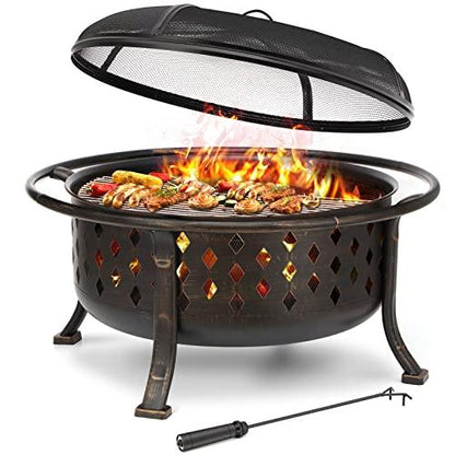 SINGLYFIRE 36 Inch Fire Pits for Outside Large Outdoor Wood Burning Crossweave firepit Heavy Duty Steel Bronze Bonfire Pit for Patio Backyard Garden with BBQ Grate,Spark Screen,Log Grate,Poker - CookCave