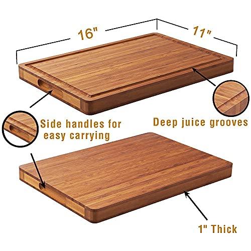 Bamboo Wood Cutting Board for Kitchen, 1" Thick Butcher Block, Cheese Charcuterie Board, with Side Handles and Juice Grooves, 16x11" - CookCave