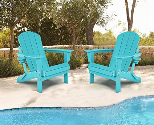 ABCPATIO Folding Plastic Adirondack Chair - Outdoor Weather Resistant Adirondack Chairs with Cup Holder, Stackable Seating for Patio, Porch, Deck, Pool, Garden, Backyard (Seat Width 20", Turquoise) - CookCave