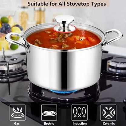 Homikit 8QT Stainless Steel Stock Pot, Heavy Duty Induction Cooking Pot with Glass Lid, Tri-ply Pasta/Chicken/Soup Pot, Stockpot for Steaming and Stewing, Dishwasher Safe - CookCave