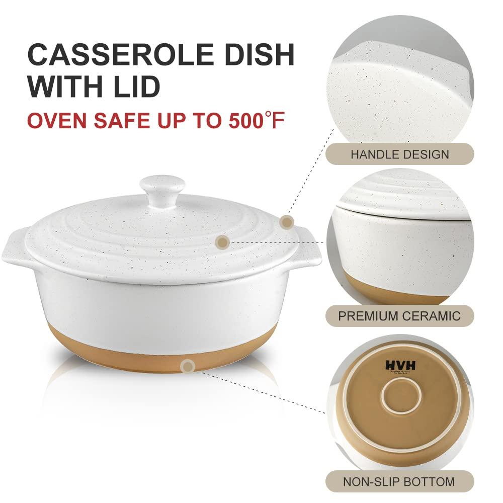 HVH Ceramic Casserole Dish with Lid Oven Safe, 2 Quart Round Casserole Dish Set, 9 Inches Round Baking Dish with Lid Oven Safe, Deep Baking Dishes for Oven with Lids for Party, Farmhouse Style (White) - CookCave
