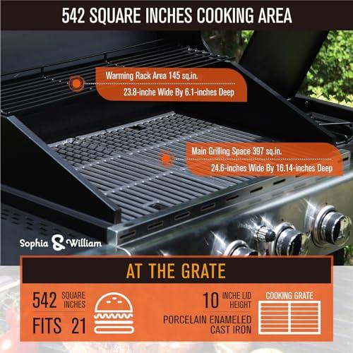 Sophia & William 4-Burner Gas BBQ Grill with Side Burner and Porcelain-Enameled Cast Iron Grates 42,000BTU Outdoor Cooking Stainless Steel Propane Grills Cabinet Style Garden Barbecue Grill, Silver - CookCave