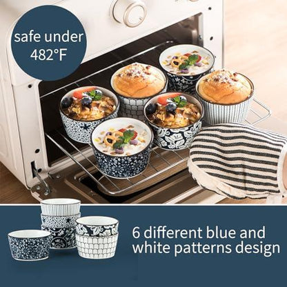 JOBNTZ Ceramic Ramekins for Creme Brulee, 6 oz Ramekins Versatile Custard Cups, Souffle Dishes, Pudding Cups, and Ice Cream Bowls Baking Ramiken Bowls in Set of 6 Oven-Safe, Blue and White Porcelain. - CookCave