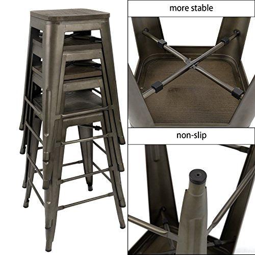 JUMMICO Metal Bar Stools Indoor-Outdoor Stackable Modern 24 Inches Gun Metal Counter Height Industrial Barstools with Wooden Seat Set of 4 (Gun) - CookCave