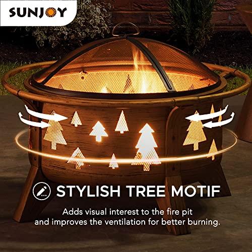 Sunjoy 30 in. Outdoor Wood-Burning Fire Pit, Patio Tree Motif Round Steel Firepit Large Fire Pits for Outside with Spark Screen and Poker - CookCave