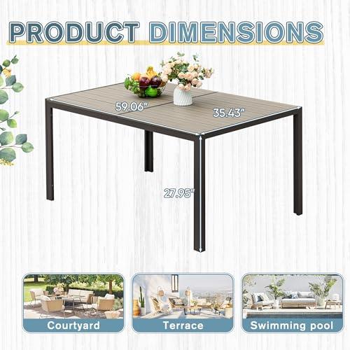 Rankok 35" x 59" Outdoor Dining Table for 6 Rectangular Patio Table with Rust Proof Metal Frame Large Outside Table for Courtyard, Garden, Balcony, Poolside, Lawn - CookCave