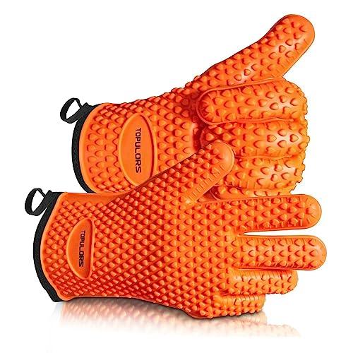 Silicone Gloves Oven Mitts Heat Resistant BBQ Smoker Grill Gloves Handle Hot Food Pulled Pork Gloves for Cooking Baking Grilling Barbecue Potholder Five Finger Gloves with Inner Cotton Layer - Orange - CookCave