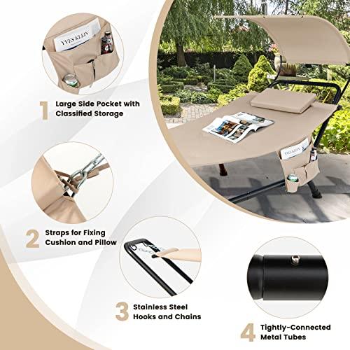 Tangkula Hammock with Stand Included, Heavy Duty Outdoor Hammock with Adjustable Canopy, Rustproof Metal Stand, Pillow, Storage Pocket, Hammock Bed with Stand for Backyard Lawn Poolside (Beige) - CookCave