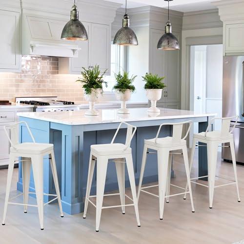 Alunaune 24" Metal Counter Height Barstools Set of 4, Industrial Counter Bar Stools Kitchen Bar Chairs Indoor Outdoor Stool-Low Back, White - CookCave