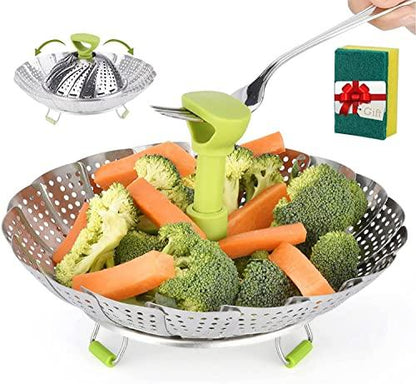 Stainless Steel Vegetable/Veggie Steamer Basket For Instant Cooking Pot With Handle And Legs, Foldable Food Container For Fish, Oyster, Crab, Seafood, Dumpling,Dishwasher Safe (9inches Steamer Basket) - CookCave