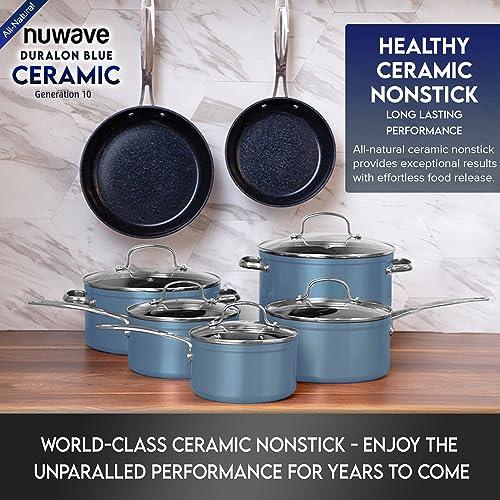 Nuwave Healthy Duralon Blue Ceramic Nonstick Cookware Set, Diamond Infused Scratch-Resistant, PFAS Free, Dishwasher & Oven Safe, Induction Ready & Evenly Heats, Tempered Glass Lids & Stay-Cool Handles - CookCave