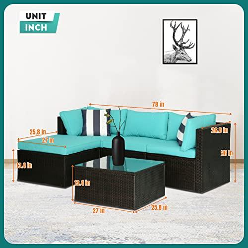 5 Pieces Rattan Patio Furniture Sets Modular Outdoor Conversation Sofa Set All Weather Wicker Sectional Sofa with 2 Corner Chair Armless Chair Ottoman Chair Glass Table 2 Pillow,Blue Cushion - CookCave