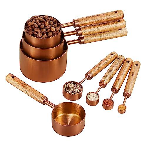 Copper Stainless Steel Measuring Cups and Spoons Set of 8, Wooden Handle with US Measurements, Metric Cups and Spoons for cooking and baking - CookCave