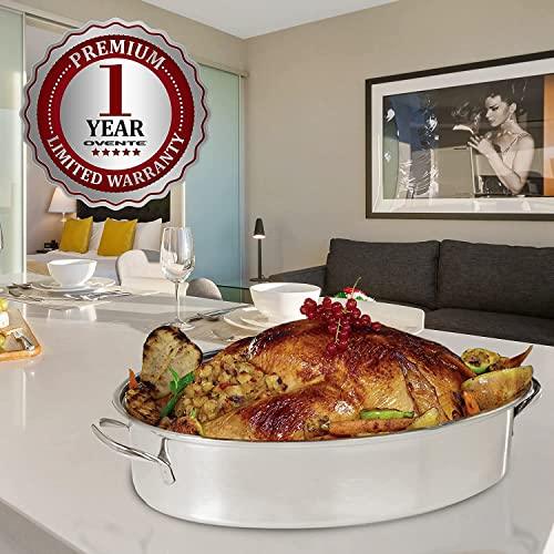 Ovente Kitchen Oval Roasting Pan 16 Inch Stainless Steel Baking Tray with Lid & Rack, Dishwasher Safe Portable Roaster for Oven Cooking Grilling Turkey Chicken at Home or Thanksgiving Silver CWR32161S - CookCave