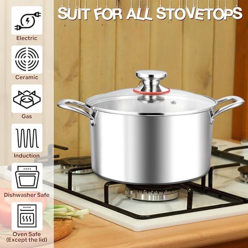 E-far 8 Quart Stock Pot with Lid, 18/10 Tri-ply Stainless Steel Stockpot for Induction Ceramic Gas Stoves, Heavy Duty Cooking Pot for Pasta Soup Stewing Simmering, Oven and Dishwasher Safe - CookCave