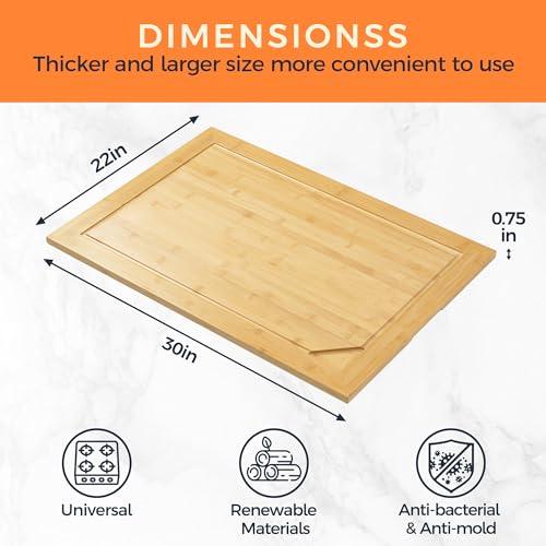 Noodle Board Stove Cover, Stove Top Cutting Board, 30"L x 22"W x 0.75"Th Charcuterie Boards, Large Cutting Board With Juice Grooves and Handles- Natural Color - CookCave